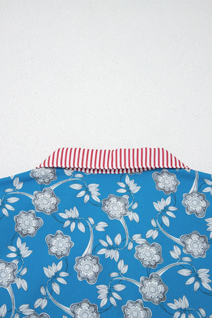 Blue Retro Floral Print Striped Trim Button Neck Short Sleeve Blouse - Sweet Fashion Wholesale
