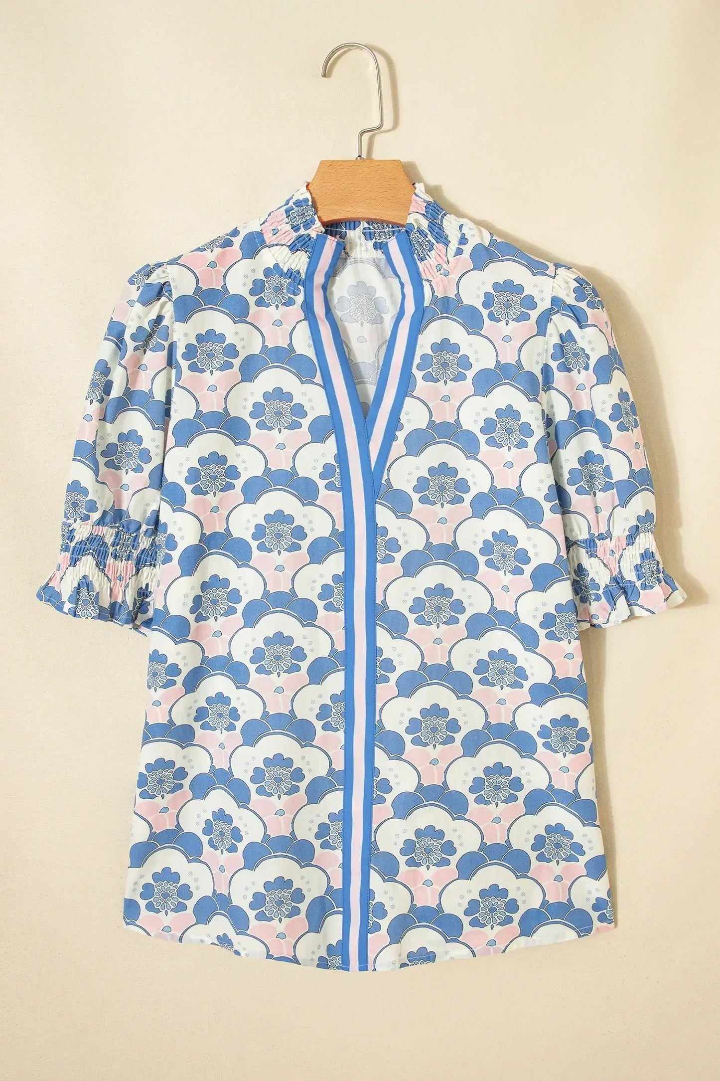 Sky Blue Floral Print Flounced Short Sleeve Contrast Trim V Neck Blouse - Sweet Fashion Wholesale