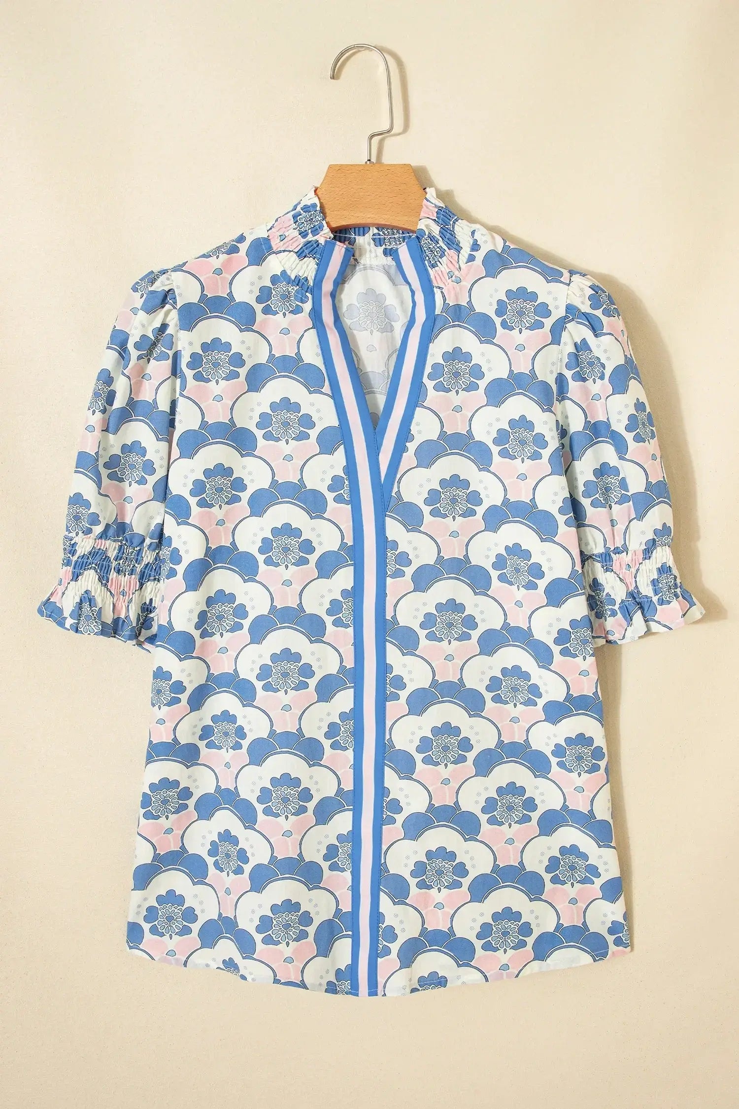 Sky Blue Floral Print Flounced Short Sleeve Contrast Trim V Neck Blouse - Sweet Fashion Wholesale