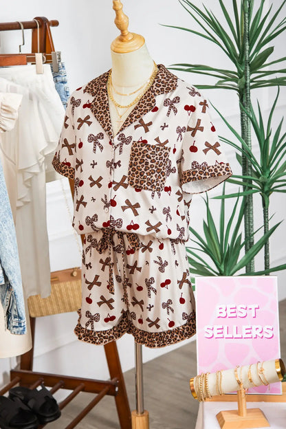 White Chic Bow Cherry Printed Leopard Contrast Patchwork Shirt Drawstring Shorts 2pcs PJ Set - Sweet Fashion Wholesale