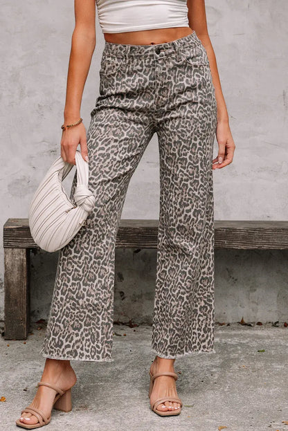 Gray Leopard Frayed Edge Wide Leg High Waist Jeans - Sweet Fashion Wholesale