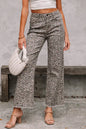 Gray Leopard Frayed Edge Wide Leg High Waist Jeans - Sweet Fashion Wholesale