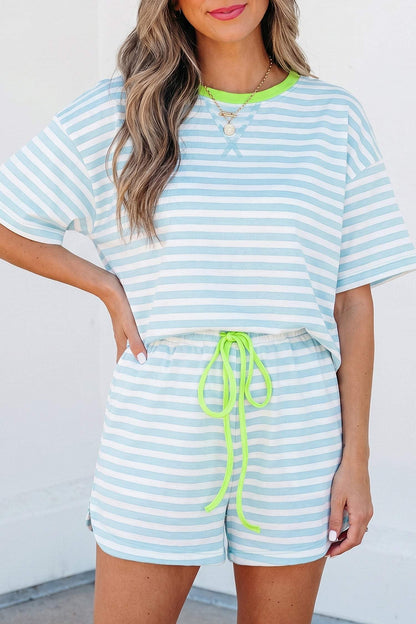 Yellow Stripe Contrast Neck Loose Tee and Drawstring Shorts Set