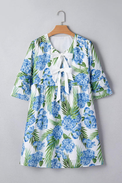Sky Blue Palm Floral Print Contrast Ribbon Knot Ruffle Tiered Sleeve Mini Dress
