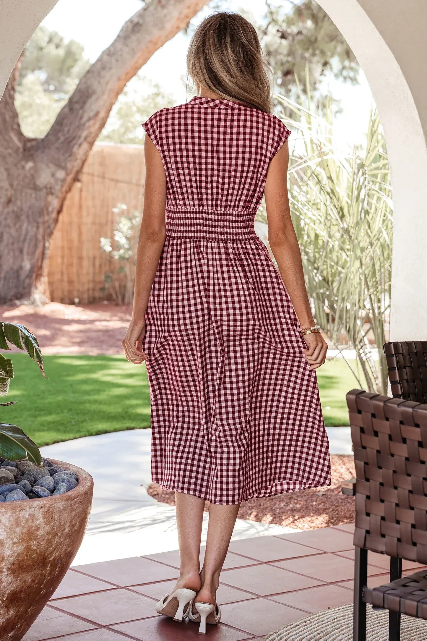 Red Plaid Print Full Zipper Cinched Waist Fit Flare Sleeveless Maxi Dress - Sweet Fashion Wholesale