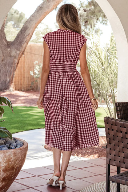 Red Plaid Print Full Zipper Cinched Waist Fit Flare Sleeveless Maxi Dress - Sweet Fashion Wholesale