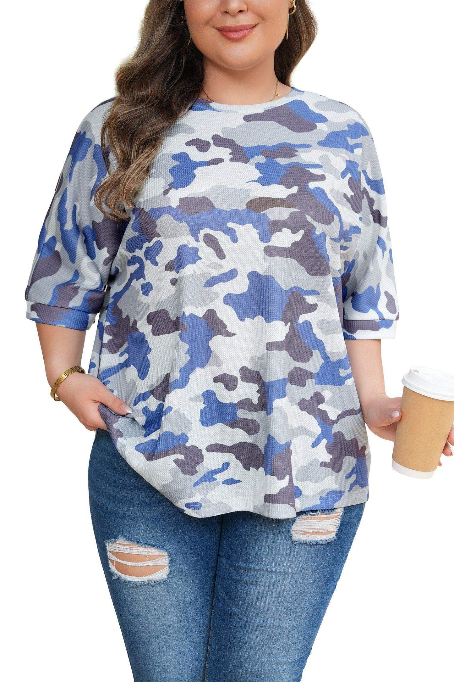 Gray Plus Size Camouflage Print Textured Casual Tee - Sweet Fashion Wholesale