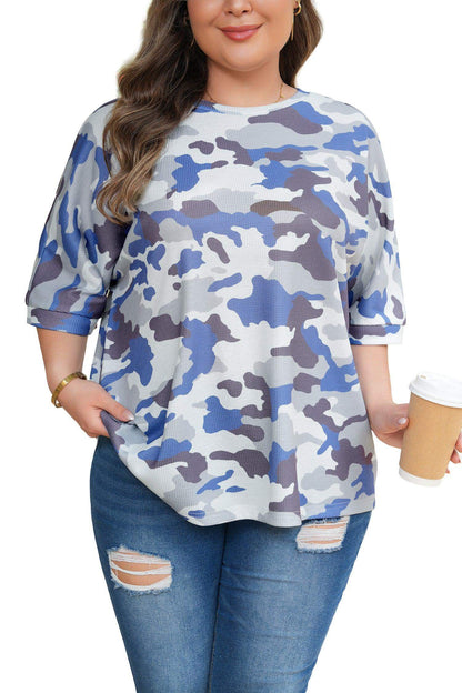 Gray Plus Size Camouflage Print Textured Casual Tee - Sweet Fashion Wholesale