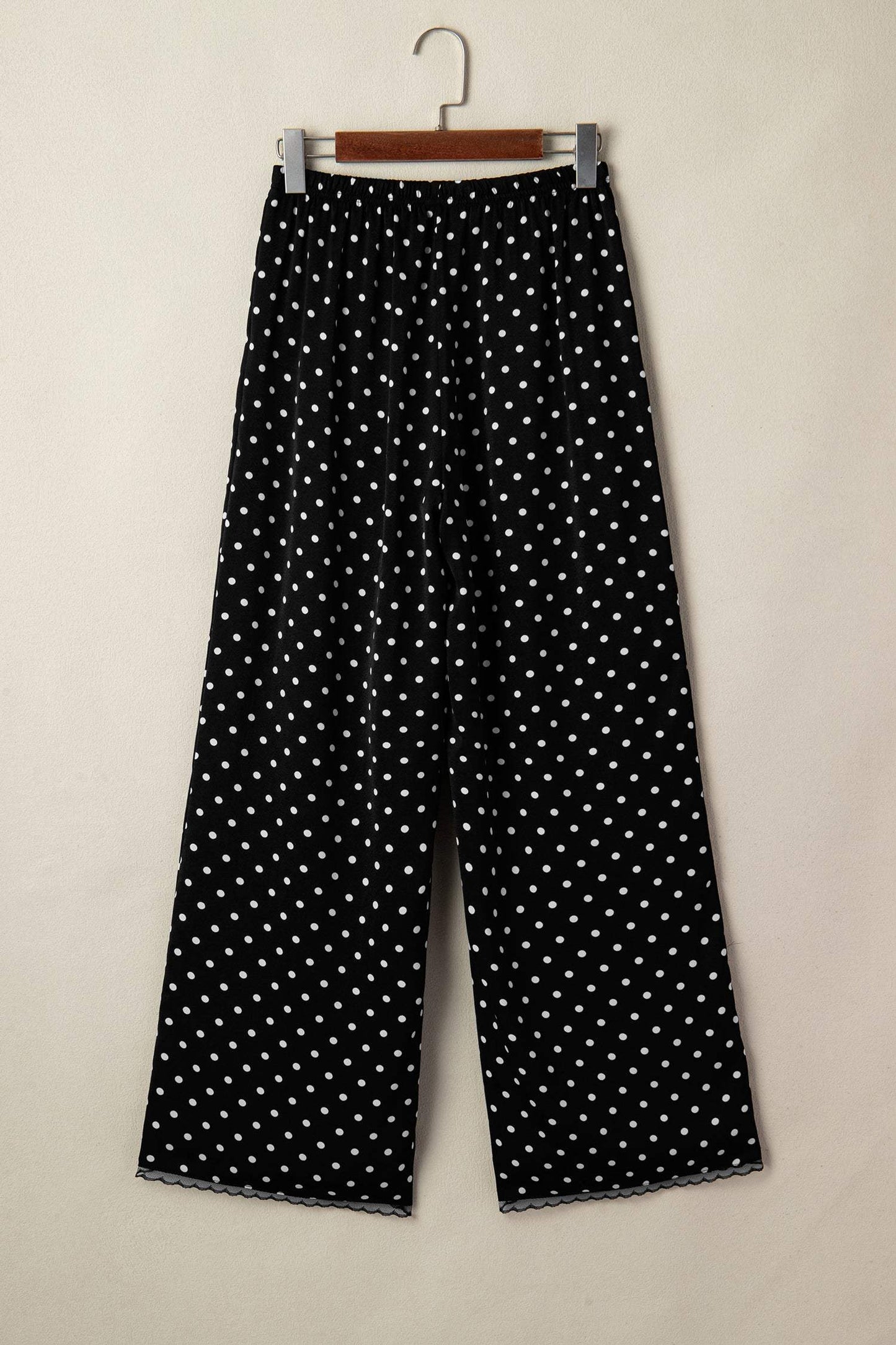Black Polka Dot Print Elastic Waist Lace Hem Loose Pants