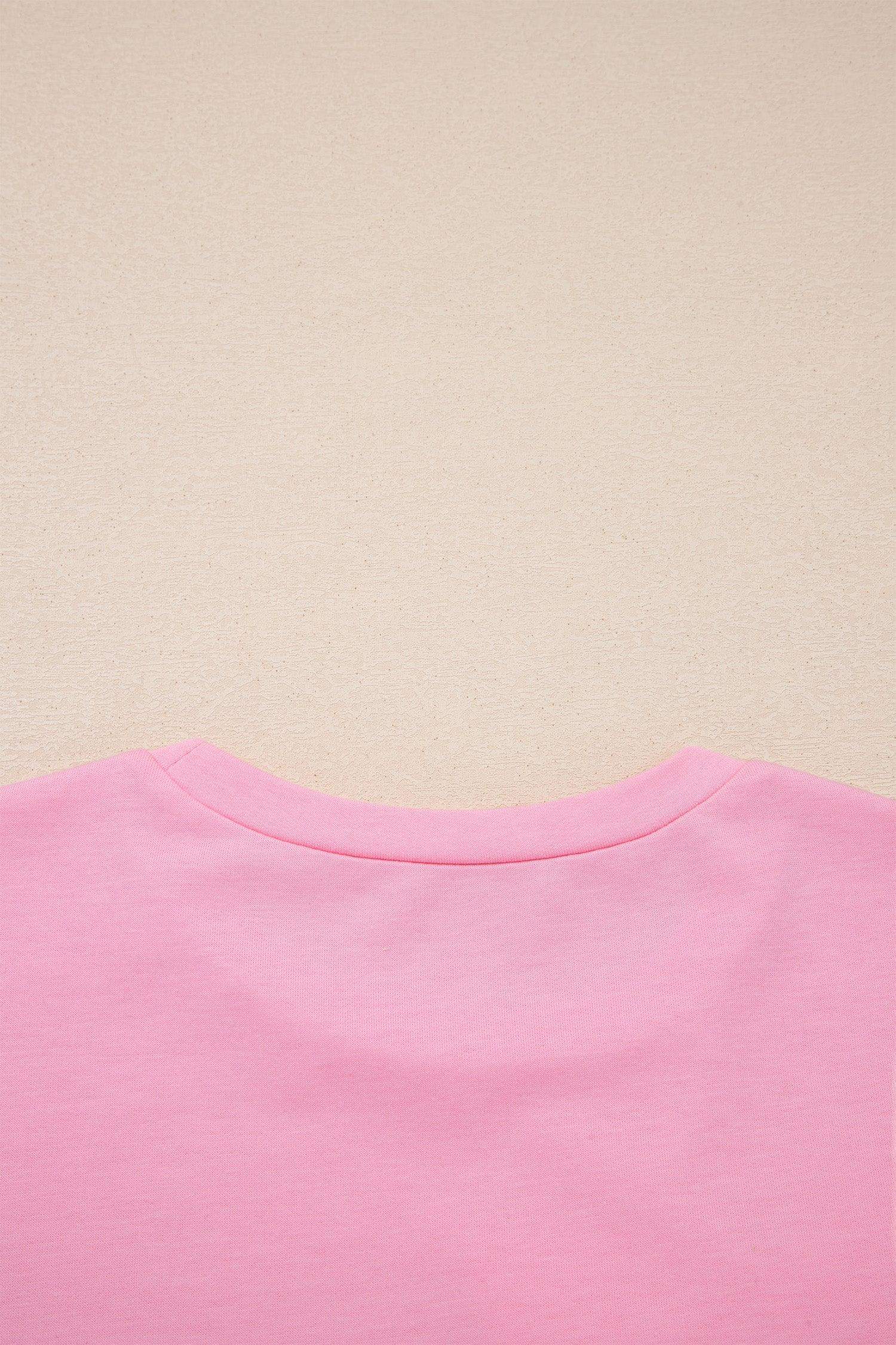 Pink Solid Color Raw Edge Bow Patch Loose T Shirt - Sweet Fashion Wholesale