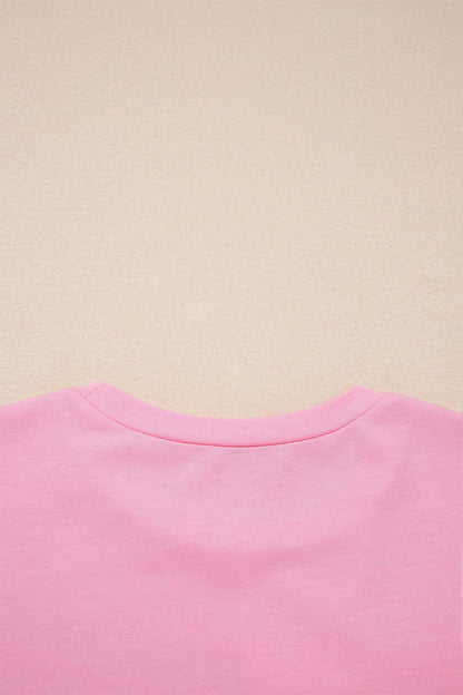 Pink Solid Color Raw Edge Bow Patch Loose T Shirt - Sweet Fashion Wholesale