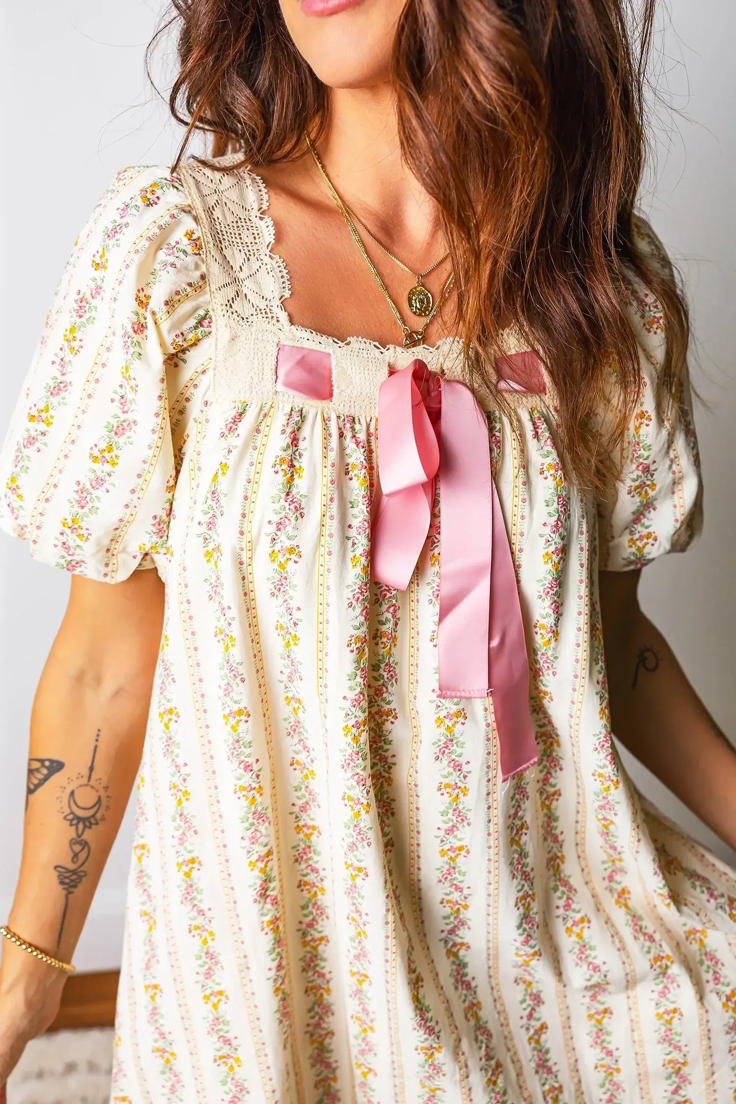 Multicolour Floral Print Contrast Ribbon Bow Lace Trim Square Neck Mini Dress