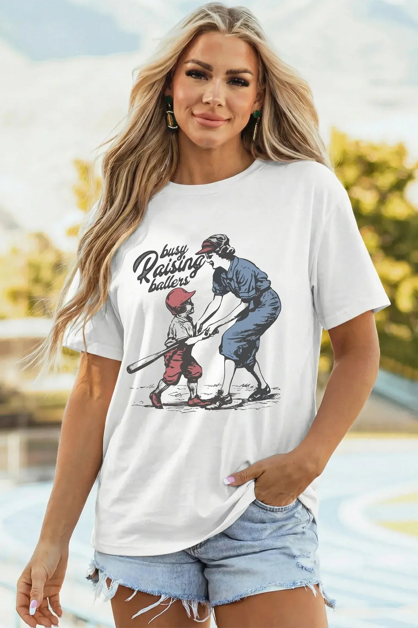 White Busy Raising Ballers Cool Mom Tee - Sweet Fashion Wholesale