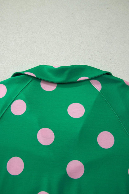 Green Polka Dot Print V Neck Tee Short Set