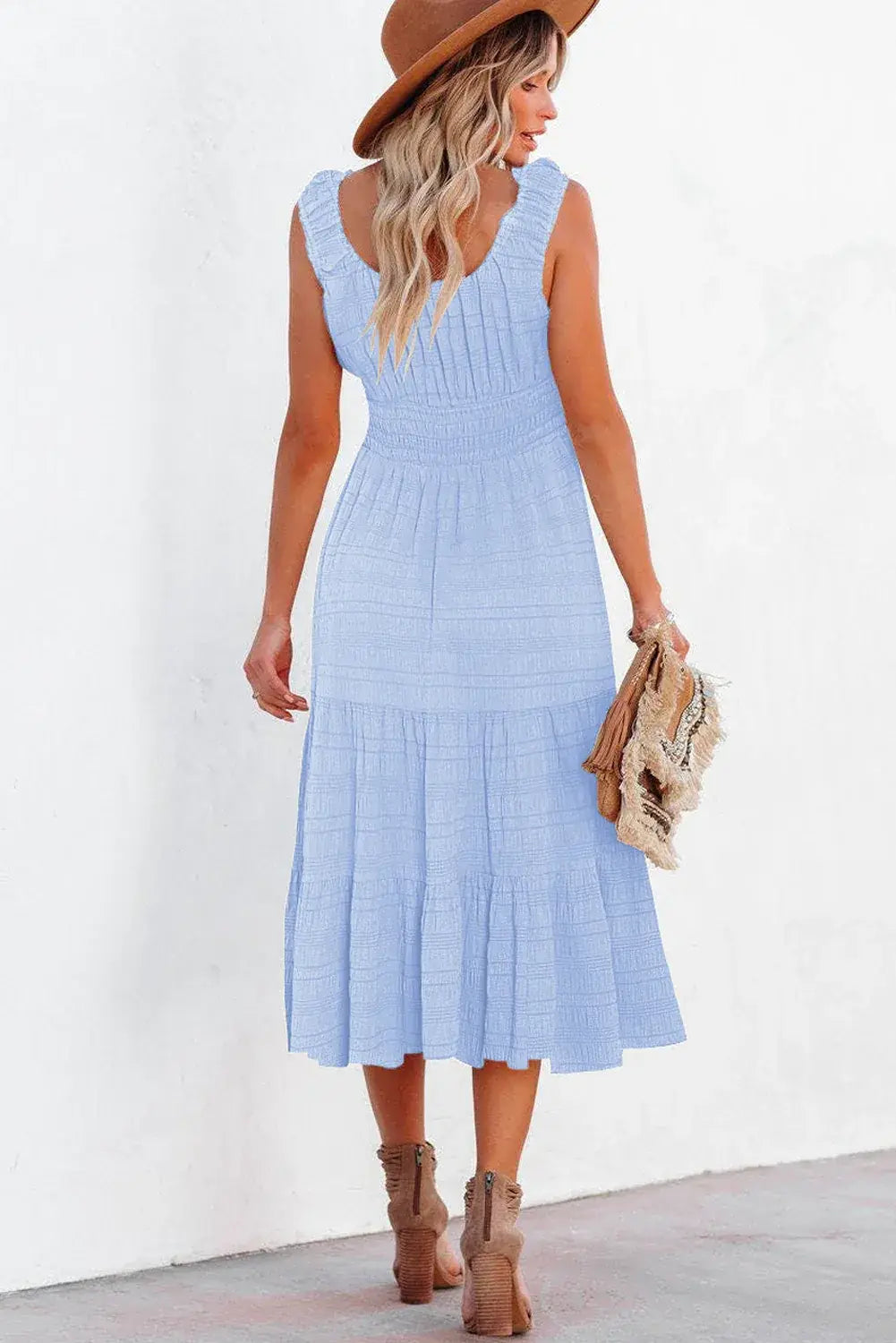 Black Shirred Pleated Square Neck Sleeveless Midi Dress - Sweet Fashion Wholesale