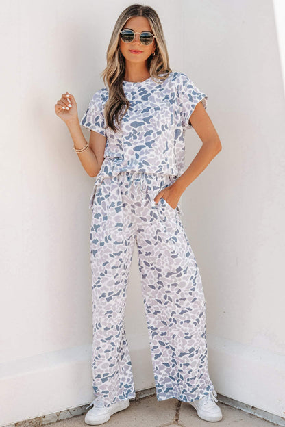 Beige Camouflage Print Twisted Rib Loose Tee Drawstring Pants Set