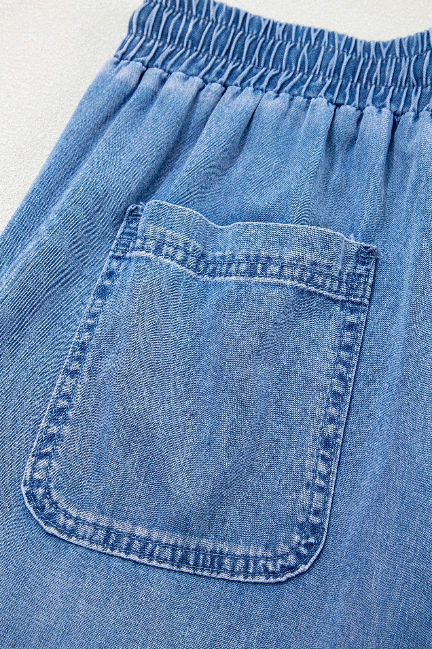Beau Blue Drawstring Elastic Waist Pocketed Loose Denim Pants - Sweet Fashion Wholesale