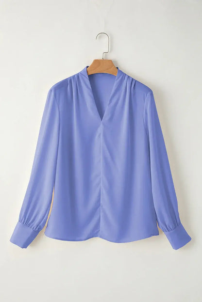 Sky Blue Solid Color V Neck Breezy Long Sleeve Blouse