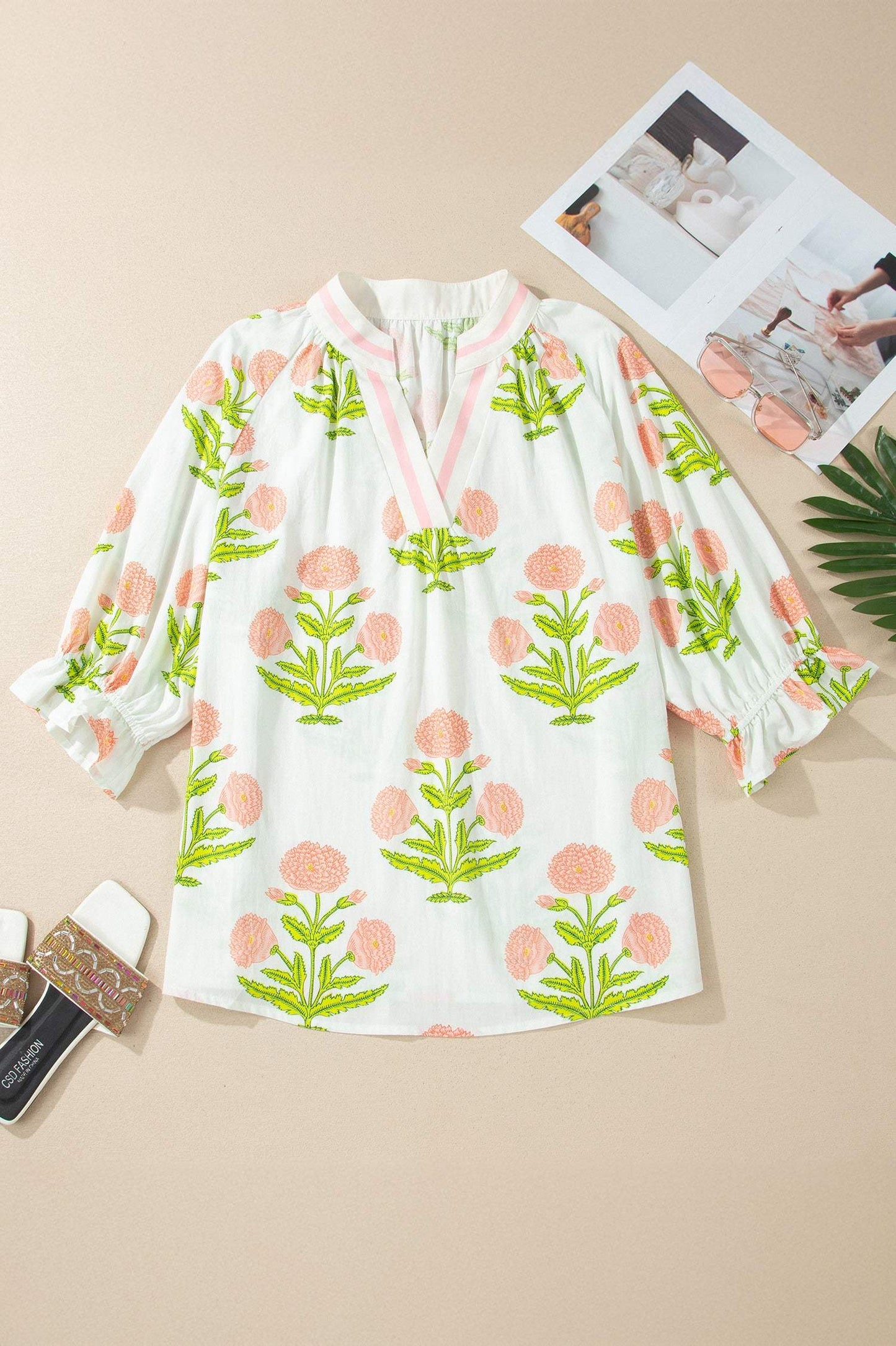 Pink Plus Size Floral Print Striped Trim V Neck Blouse