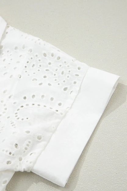 White Solid Color Eyelet Embroidered T Shirt Mini Dress - Sweet Fashion Wholesale
