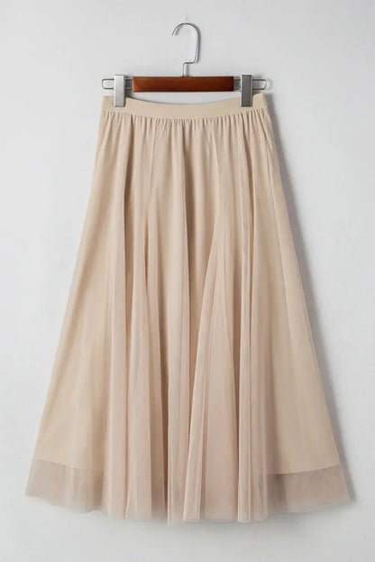 Apricot Tulle Mesh Overlay Flared Midi Skirt - Sweet Fashion Wholesale