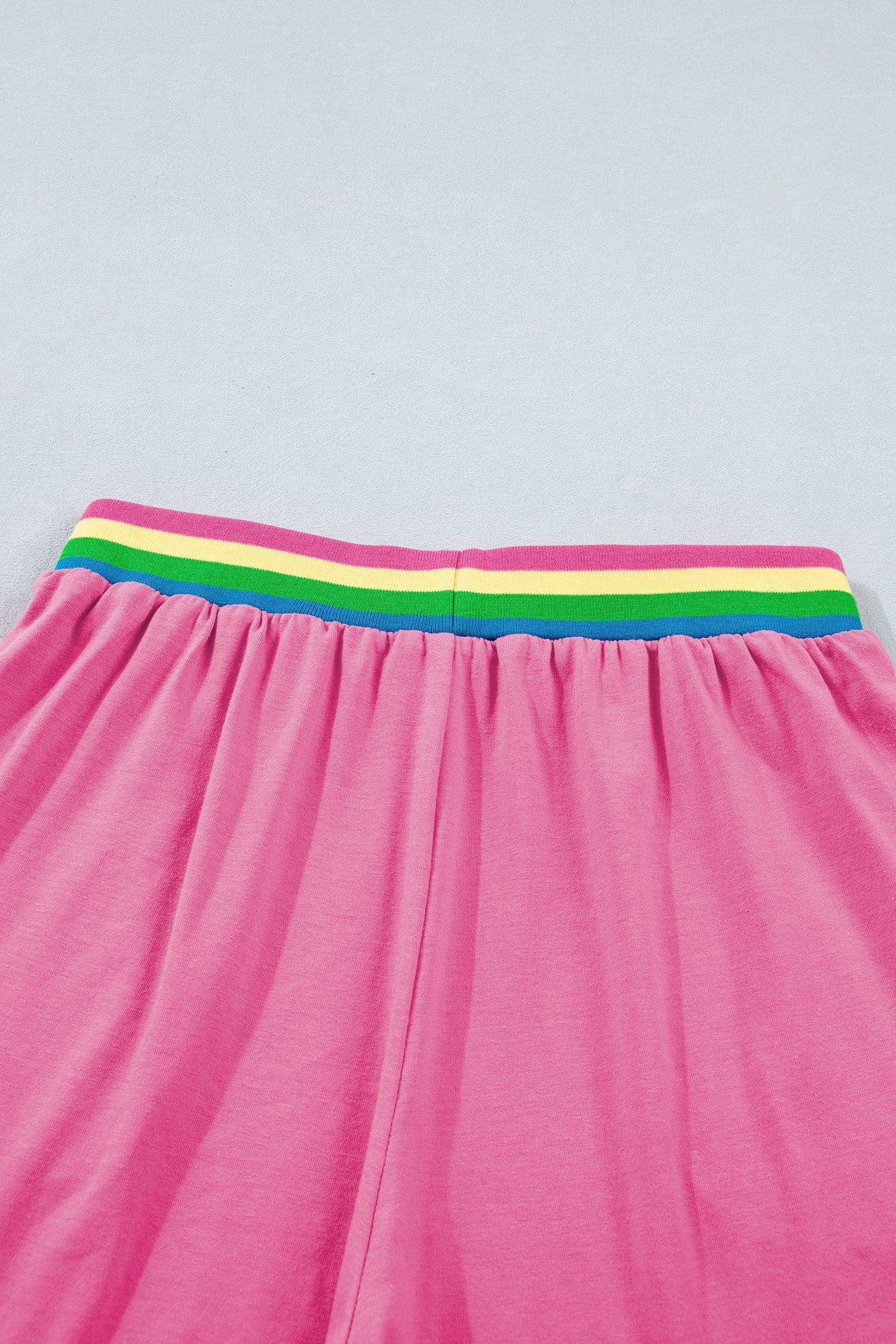 Bright Pink Seam Detail Raw Edge Tee Rainbow Waistband Casual Short Set - Sweet Fashion Wholesale