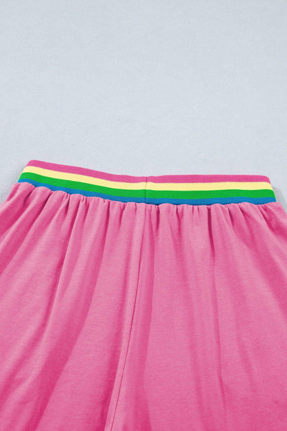 Bright Pink Seam Detail Raw Edge Tee Rainbow Waistband Casual Short Set - Sweet Fashion Wholesale