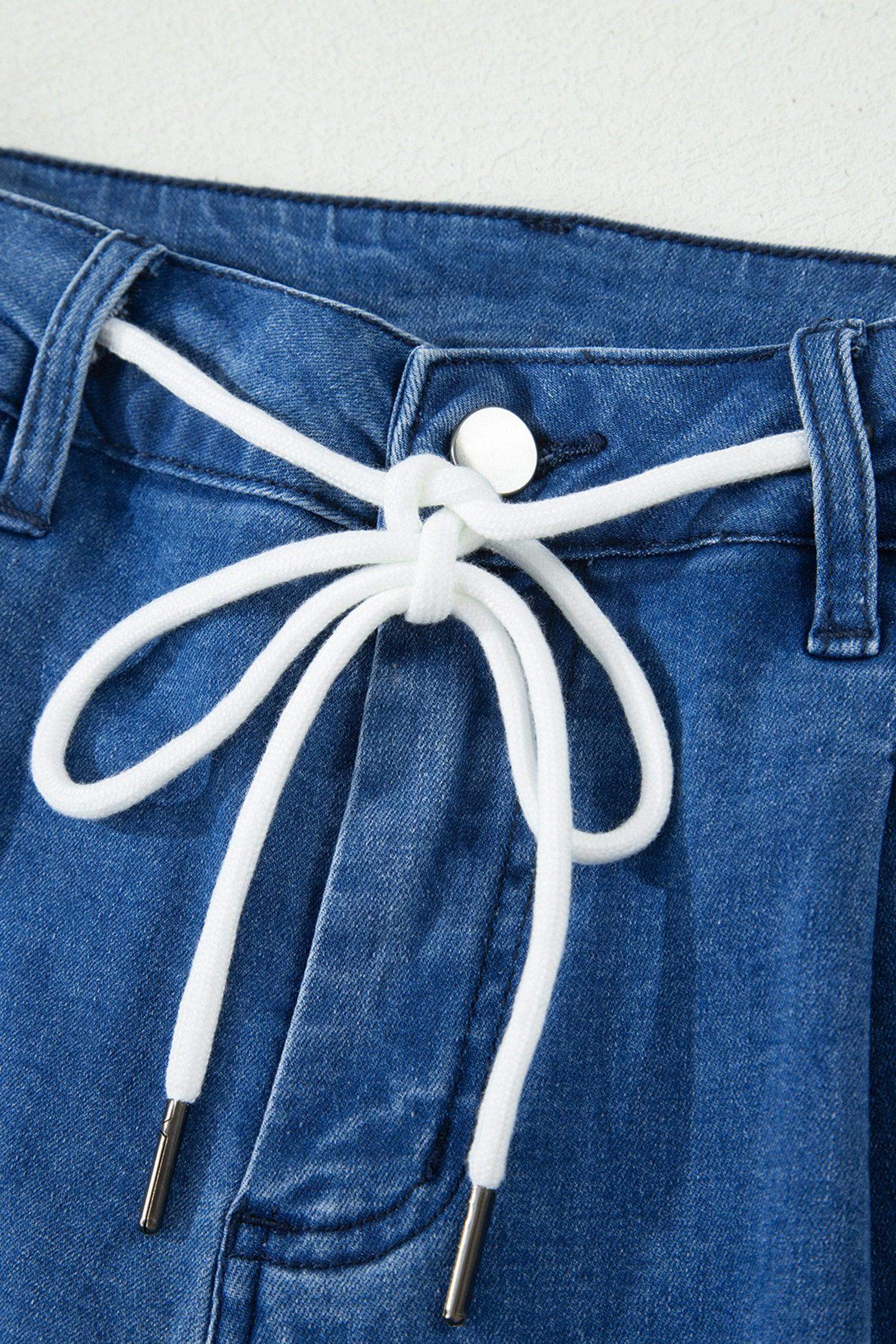 Dusk Blue Lace-up Pull on Wide Leg Jeans - Sweet Fashion Wholesale