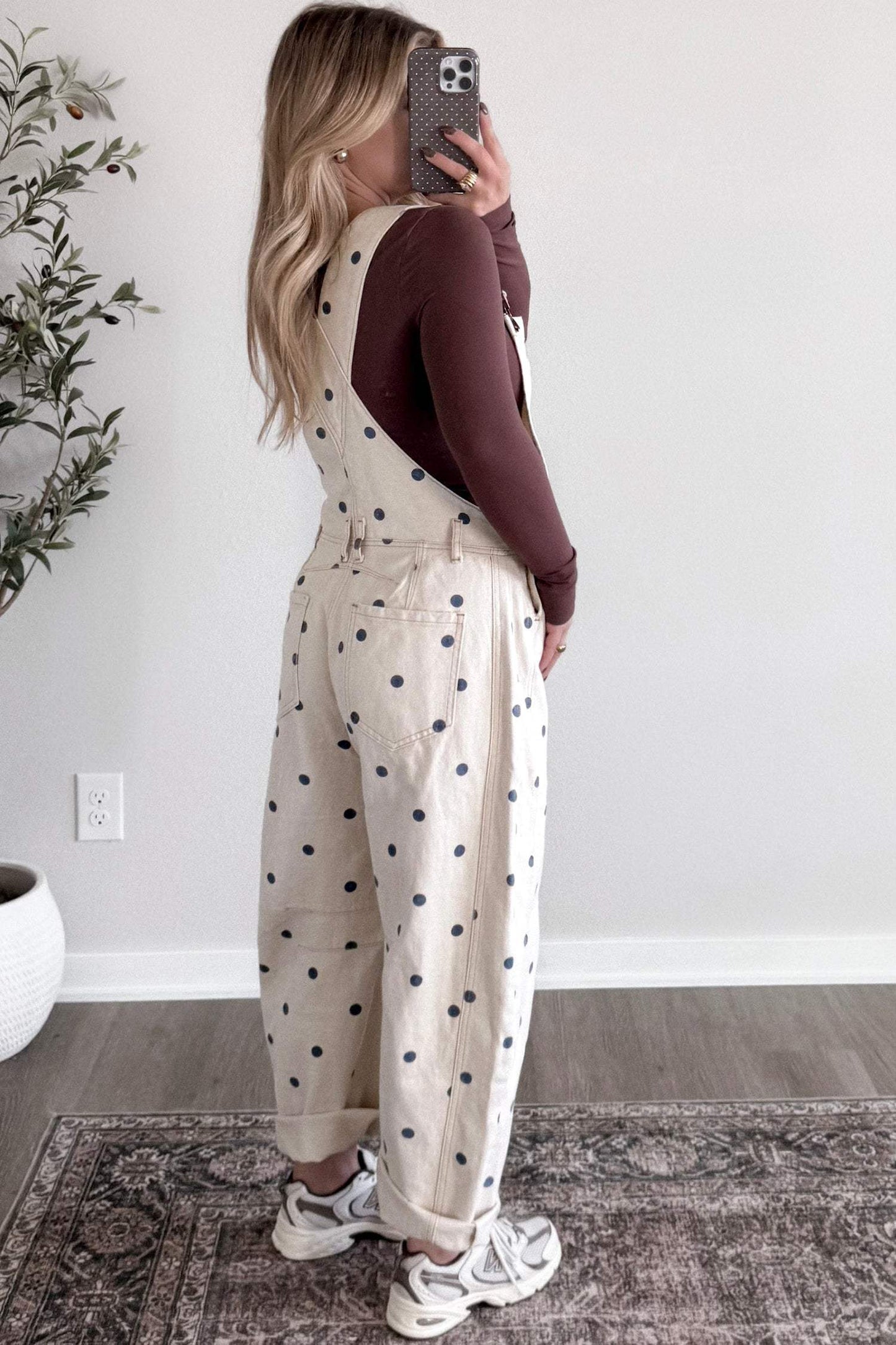 Light French Beige Polka Dot Print Bib Pocket Denim Barrel Overalls Jumpsuit