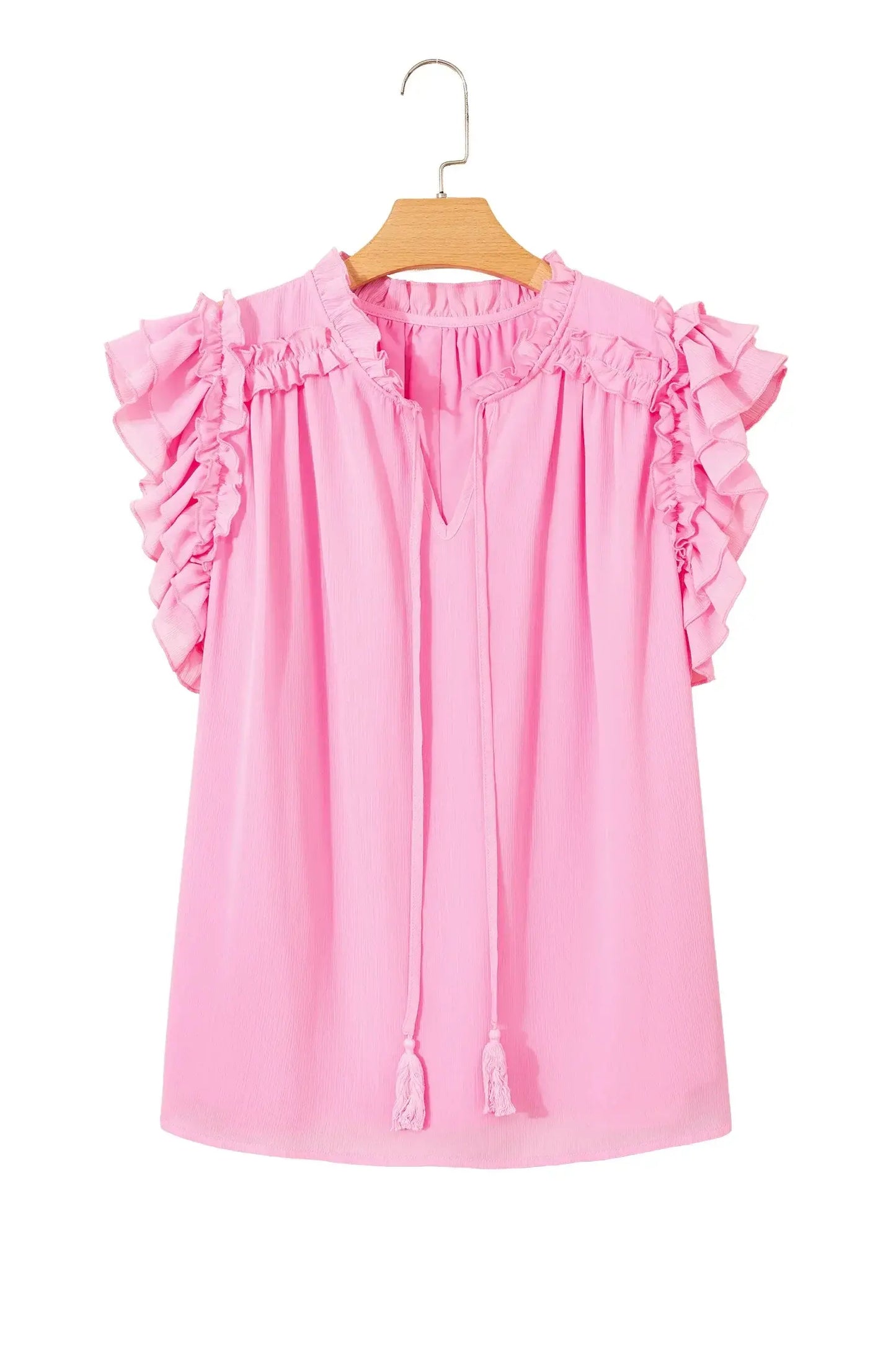 Bonbon Plus Size Textured Tassel Tie V Neck Ruffle Short Sleeve Blouse - Sweet Fashion Wholesale