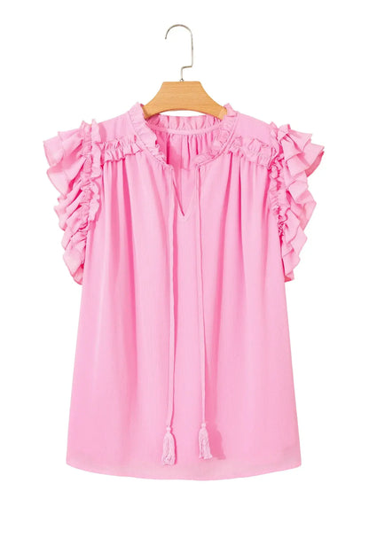 Bonbon Plus Size Textured Tassel Tie V Neck Ruffle Short Sleeve Blouse - Sweet Fashion Wholesale