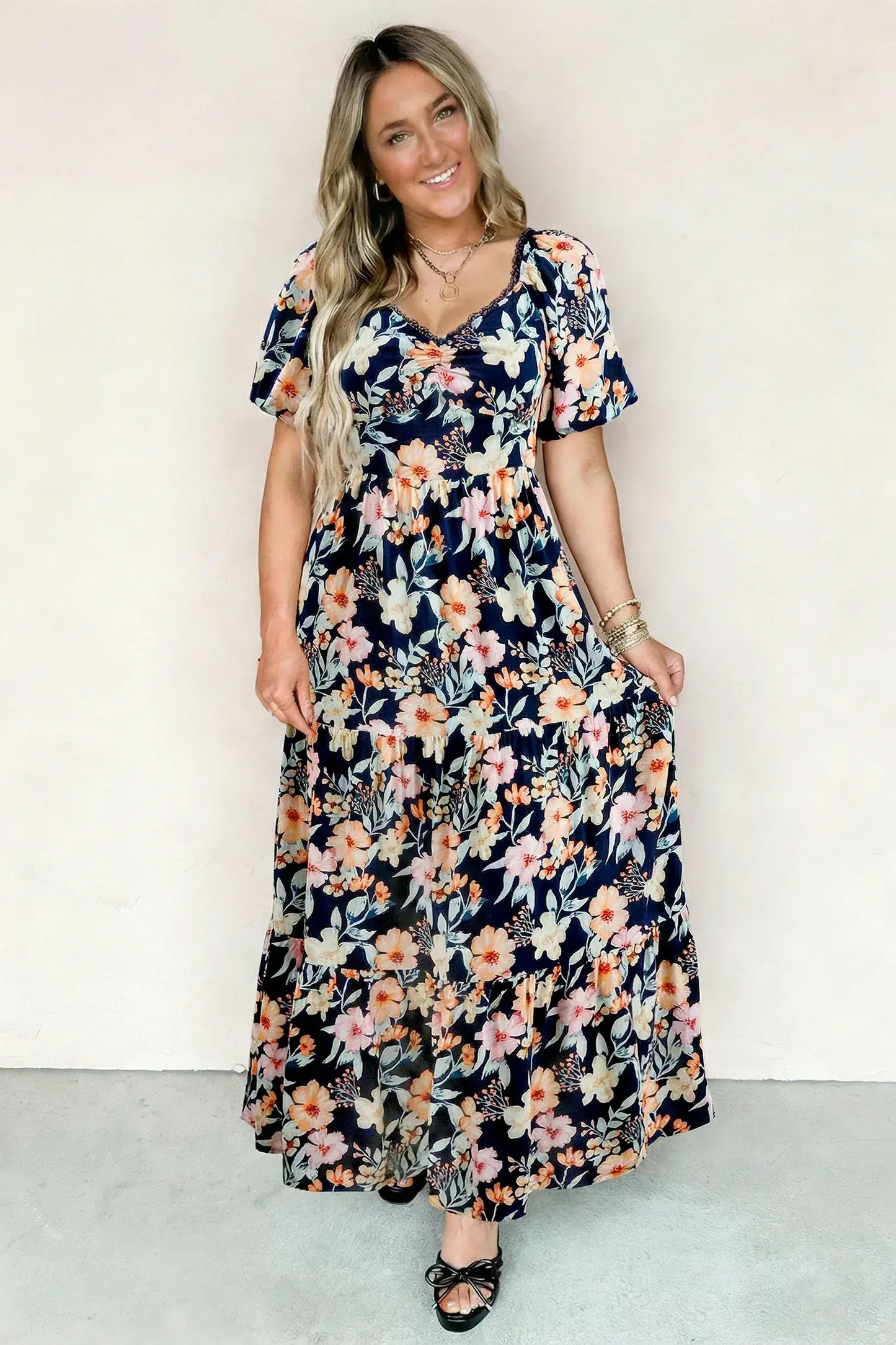 Blue Short Sleeve Smocked Detail High Waist Floral Maxi Dress - Sweet Fashion Wholesale