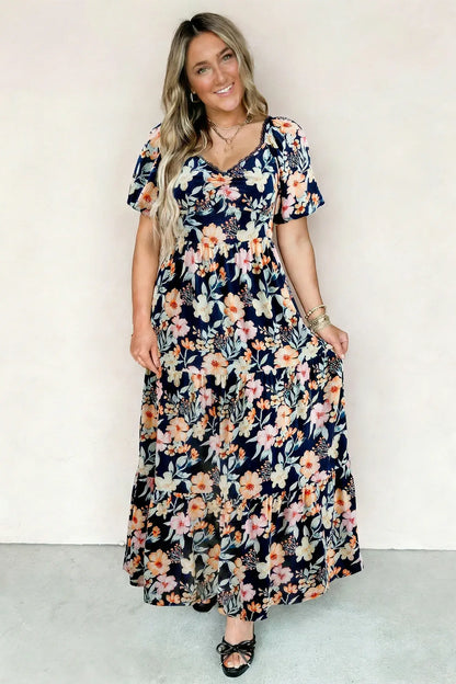 Blue Short Sleeve Smocked Detail High Waist Floral Maxi Dress - Sweet Fashion Wholesale