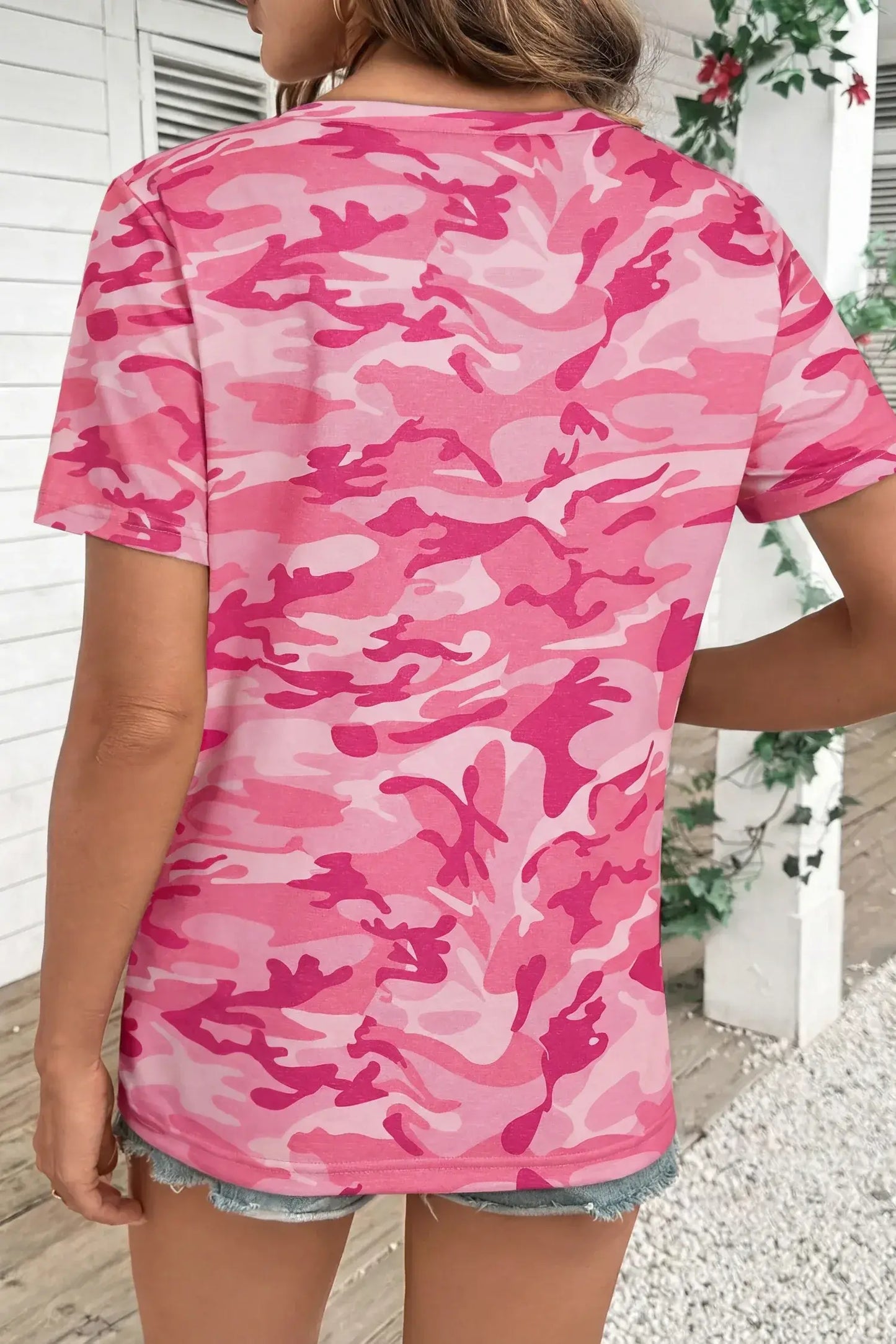 Pink Camouflage Print Crew Neck T Shirt - Sweet Fashion Wholesale