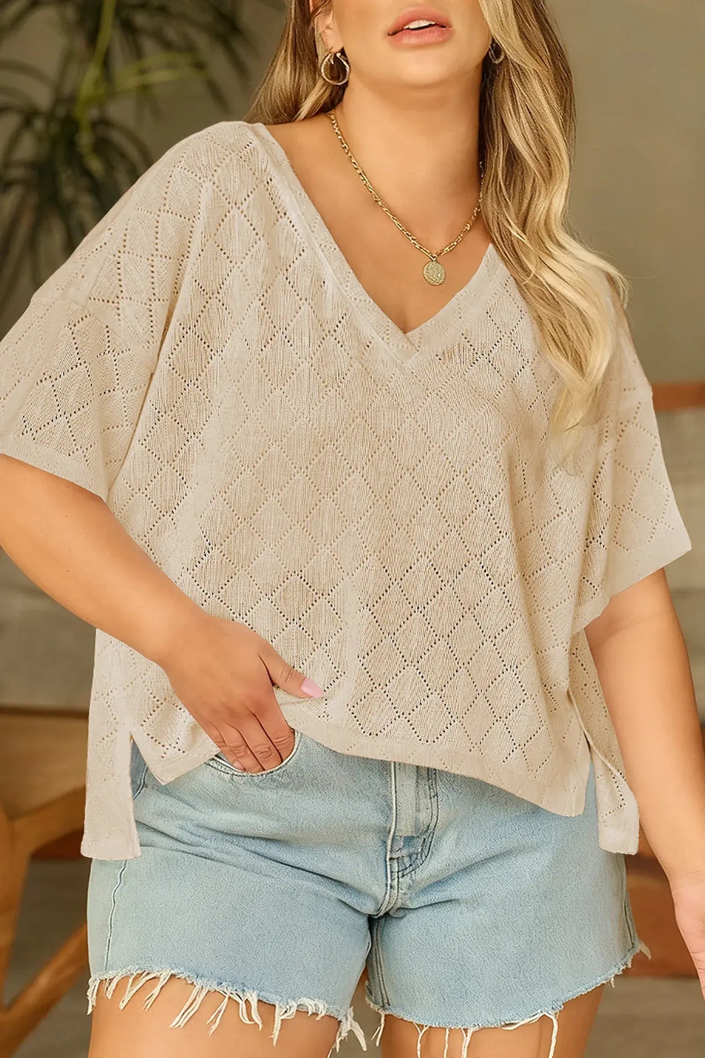 Black Pointelle Rhombus Knit Plus Size V Neck Loose Top - Sweet Fashion Wholesale