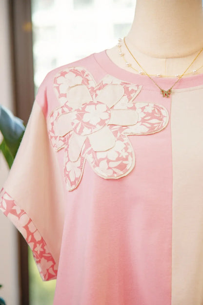 Apricot Color Block Flower Patched Loose T Shirt - Sweet Fashion Wholesale