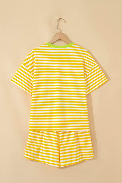 Yellow Stripe Contrast Neck Loose Tee and Drawstring Shorts Set