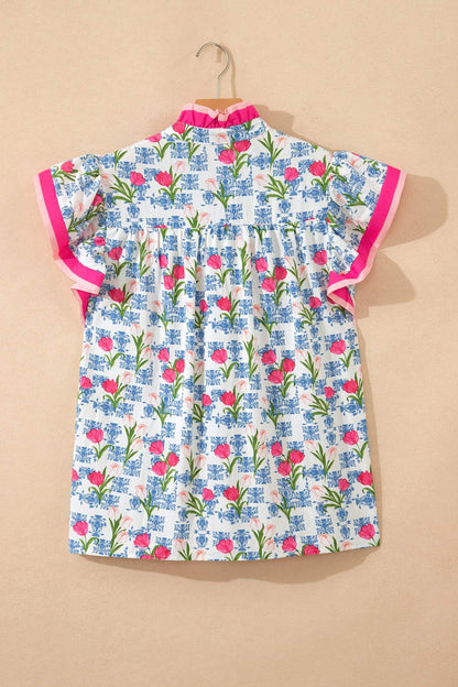 Rose Floral Print Color Block Striped Trim Flutter Sleeve Half Button Blouse