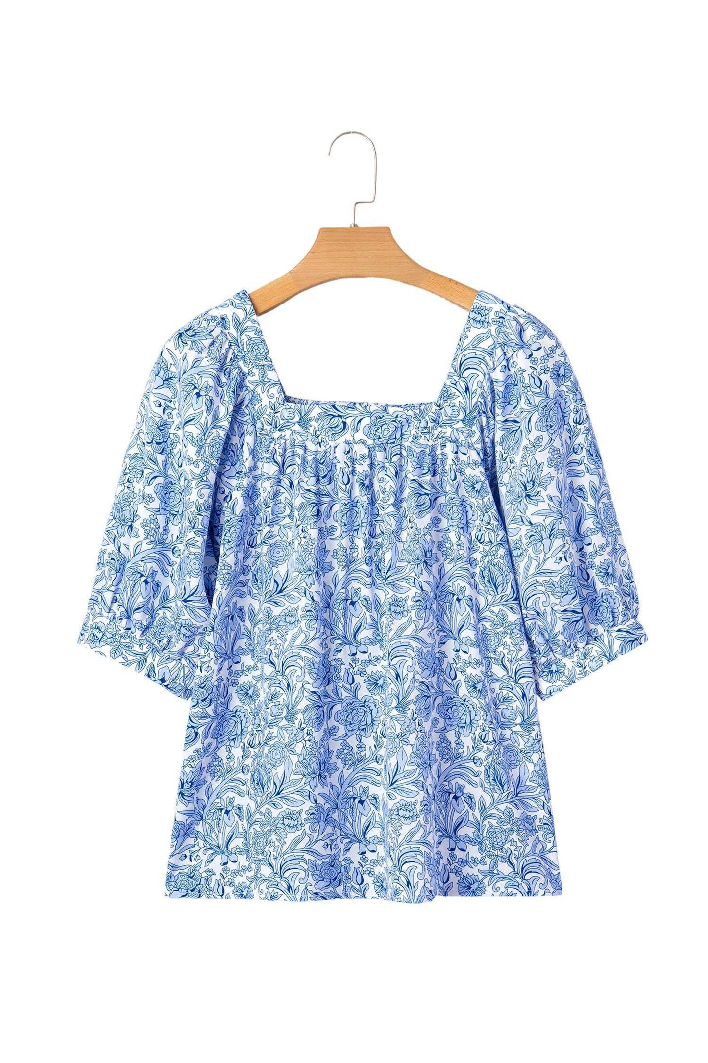 Sky Blue Square Neck Short Puff Sleeve Pleated Floral Blouse - Sweet Fashion Wholesale