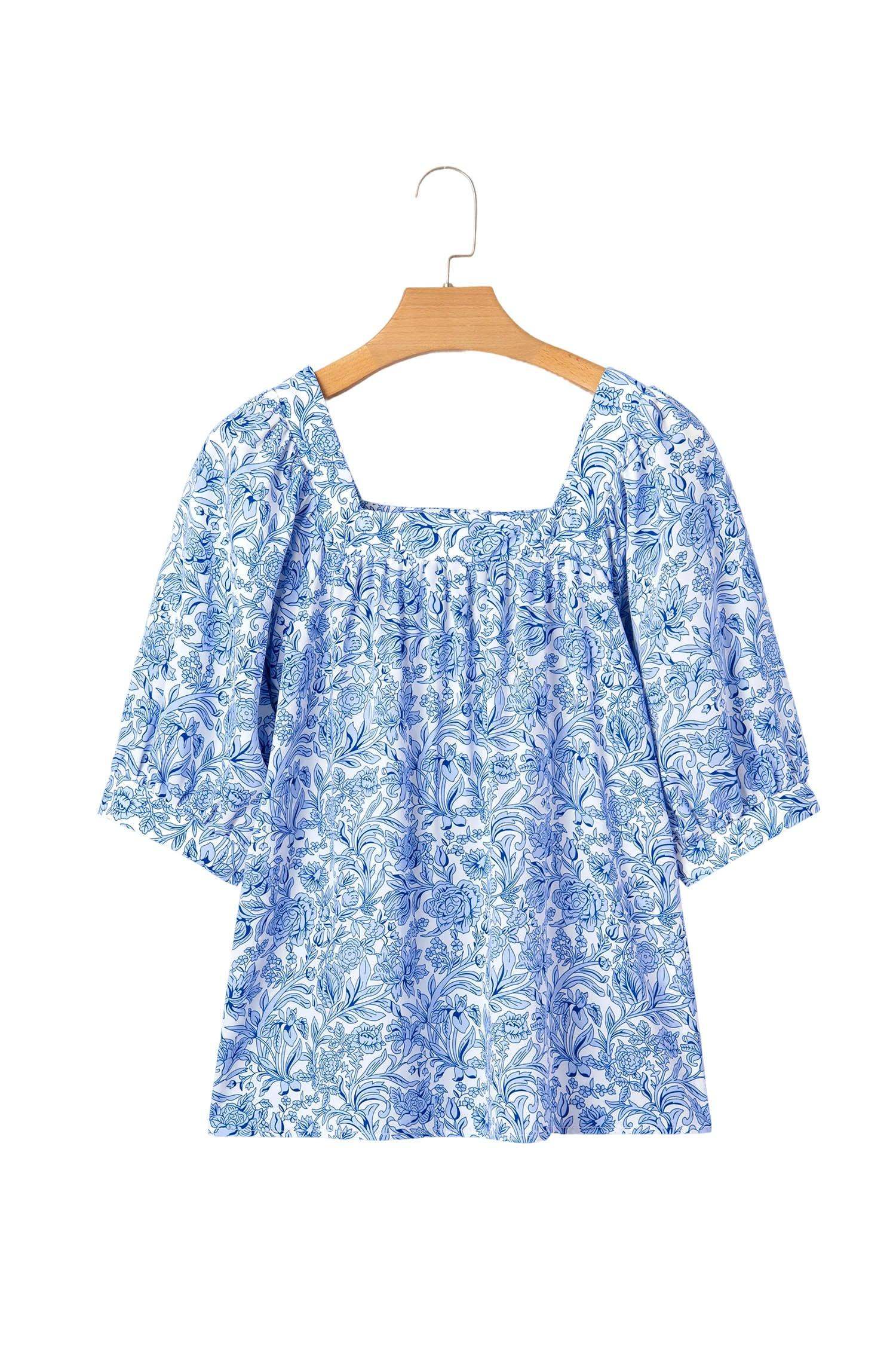 Sky Blue Square Neck Short Puff Sleeve Pleated Floral Blouse - Sweet Fashion Wholesale