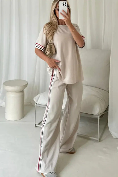 Jet Stream Contrast Striped Trim Crewneck T Shirt Loose Straight Pants Set - Sweet Fashion Wholesale