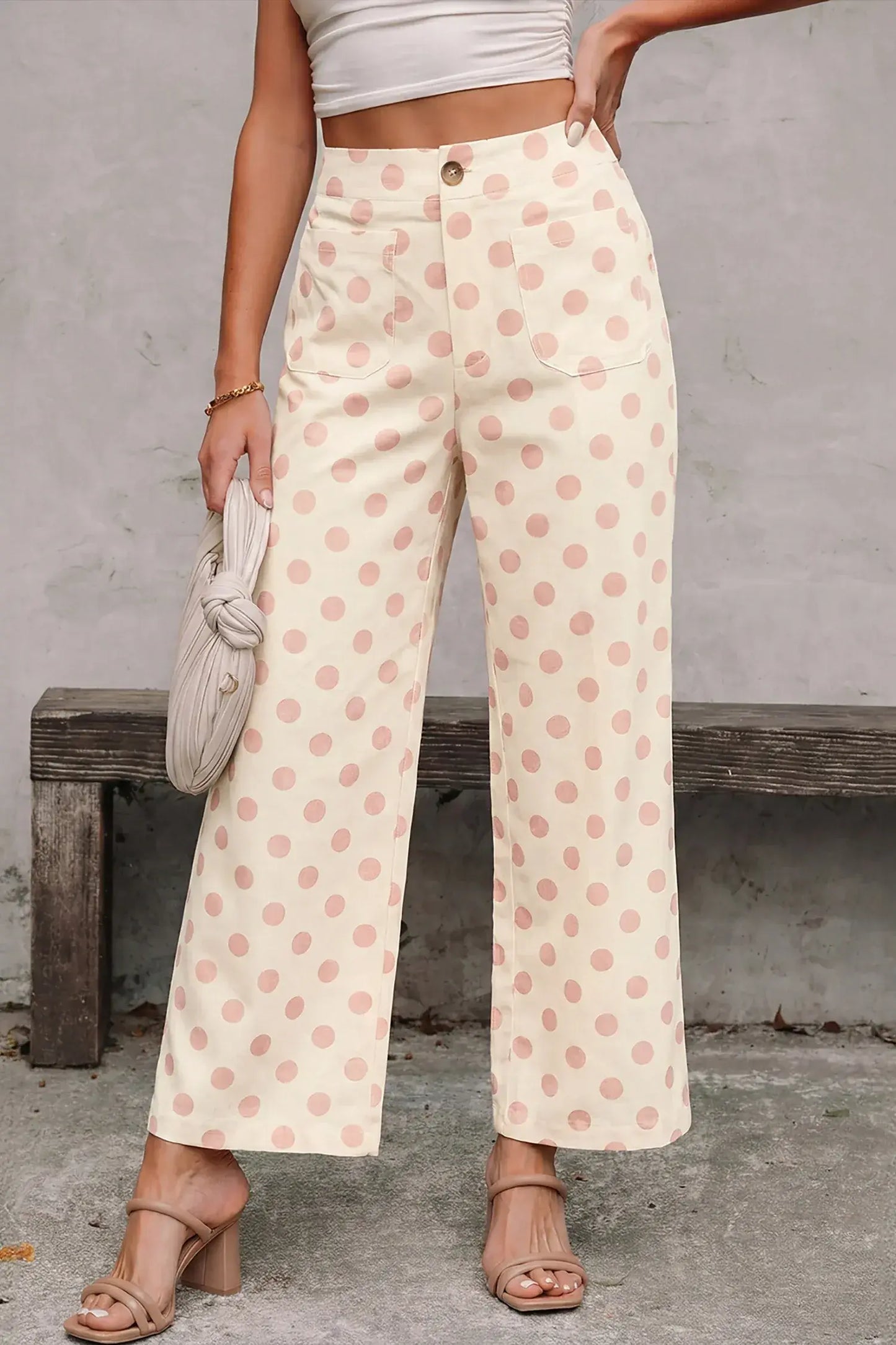 Black Polka Dot Print Patched Pocket Mid-rise Straight Leg Pants - Sweet Fashion Wholesale