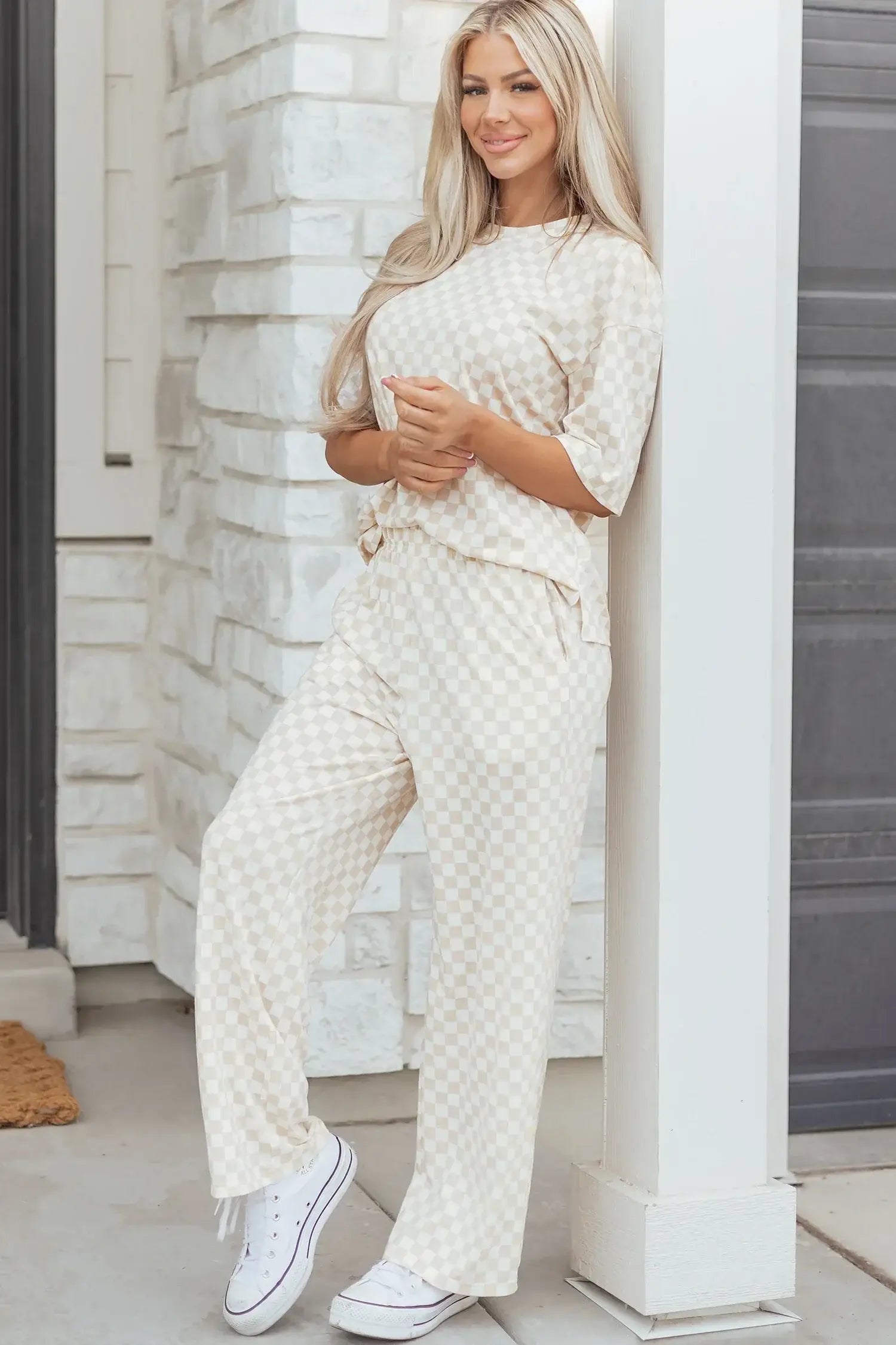 Khaki Checkered Print Half Sleeve Tee 2pcs Lounge Pant Set - Sweet Fashion Wholesale