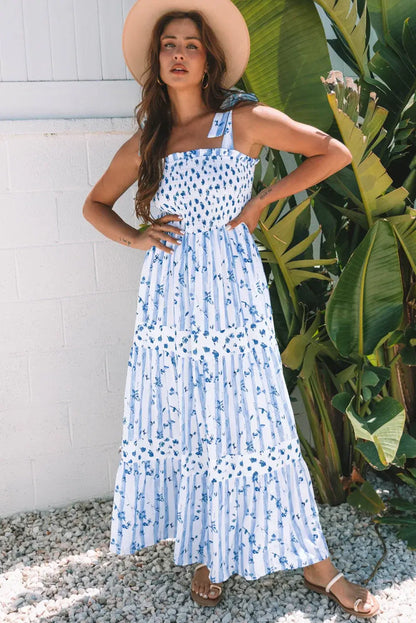 Sky Blue Floral Smocked Tied Straps A-Lined Tiered Maxi Dress