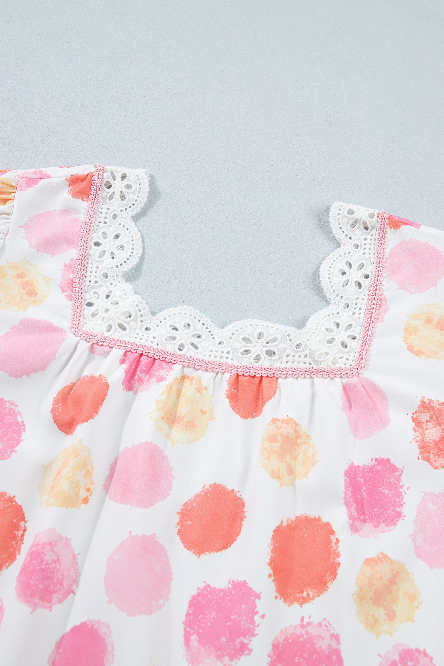 Pink Polka Dot Lace Trim Square Neck Puff Sleeve Blouse