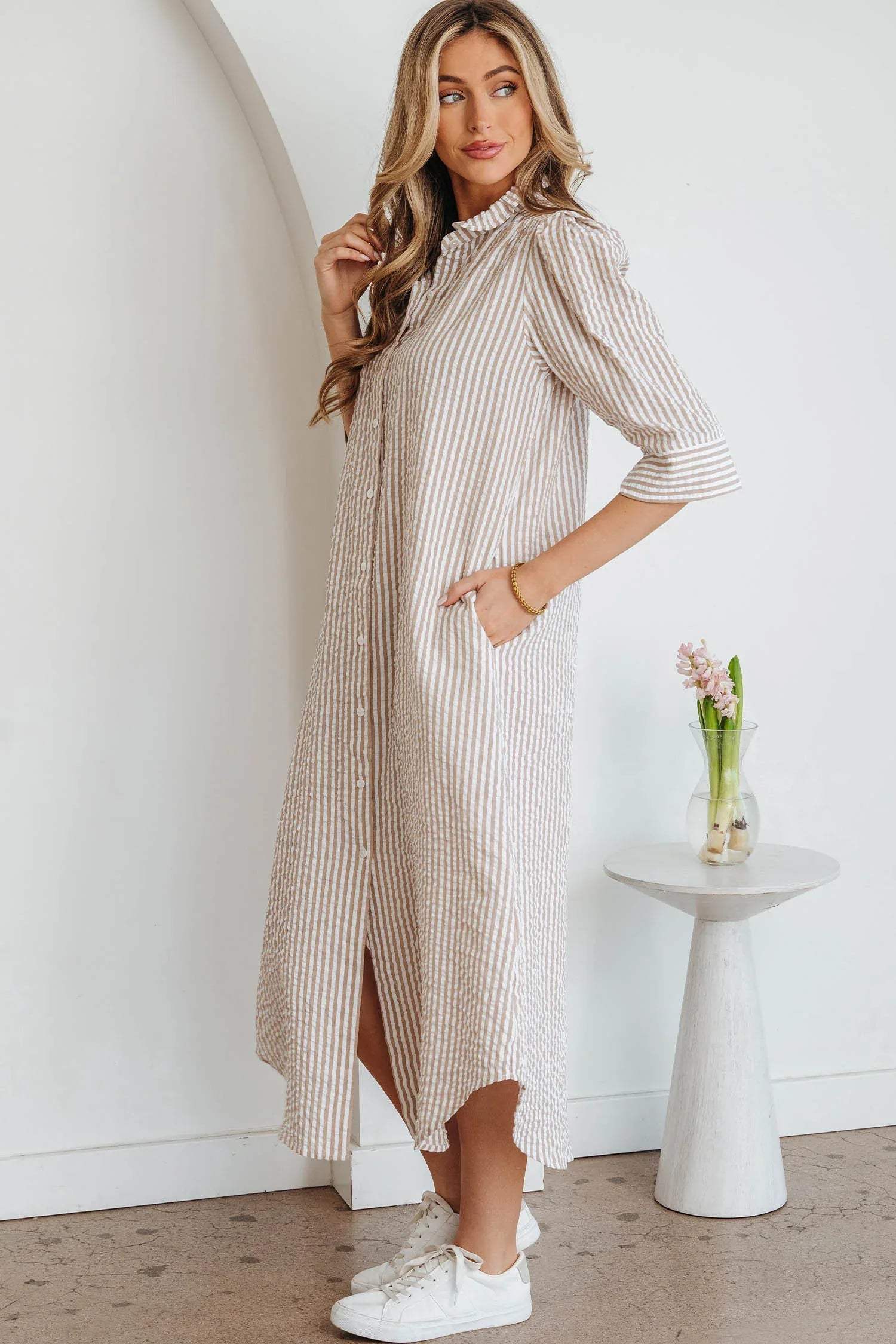 Khaki Stripe Frilled Collar Half Sleeve Shirt Maxi Dress - Sweet Fashion Wholesale