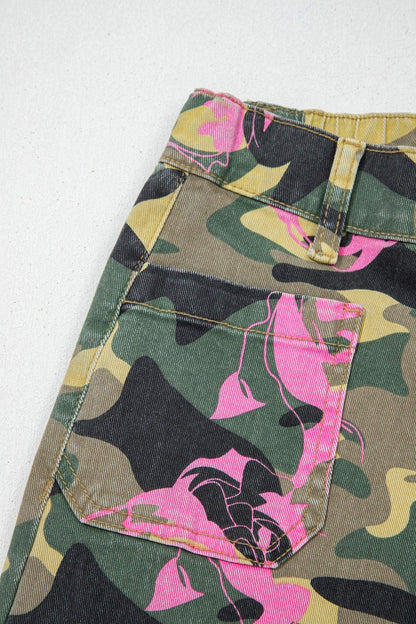 Multicolour Abstract Camouflage Print Contrast Leopard Patchwork Straight Leg Jeans - Sweet Fashion Wholesale