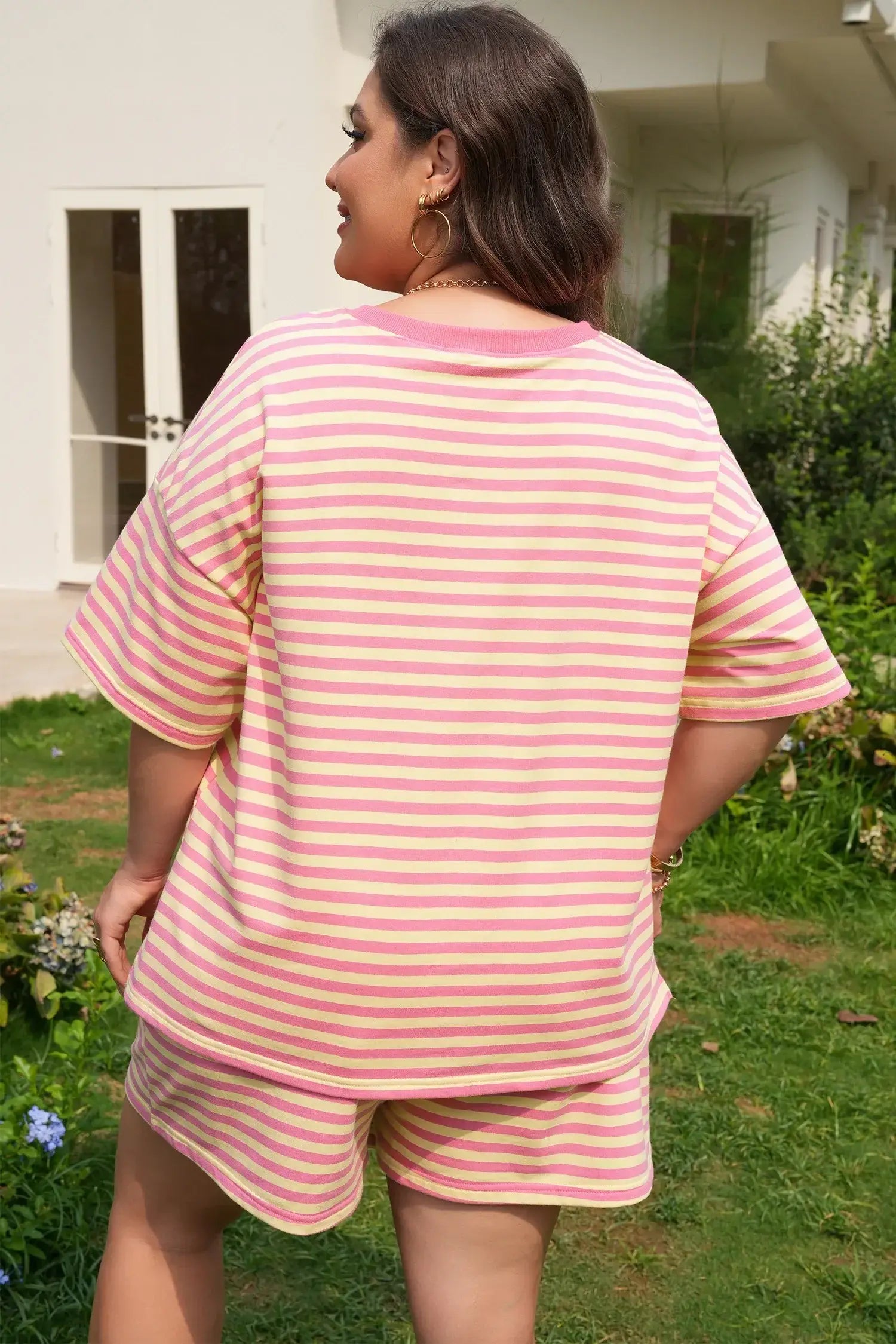 Green Stripe Boxy Tee Drawstring Elastic Waist Plus Size Short Set - Sweet Fashion Wholesale