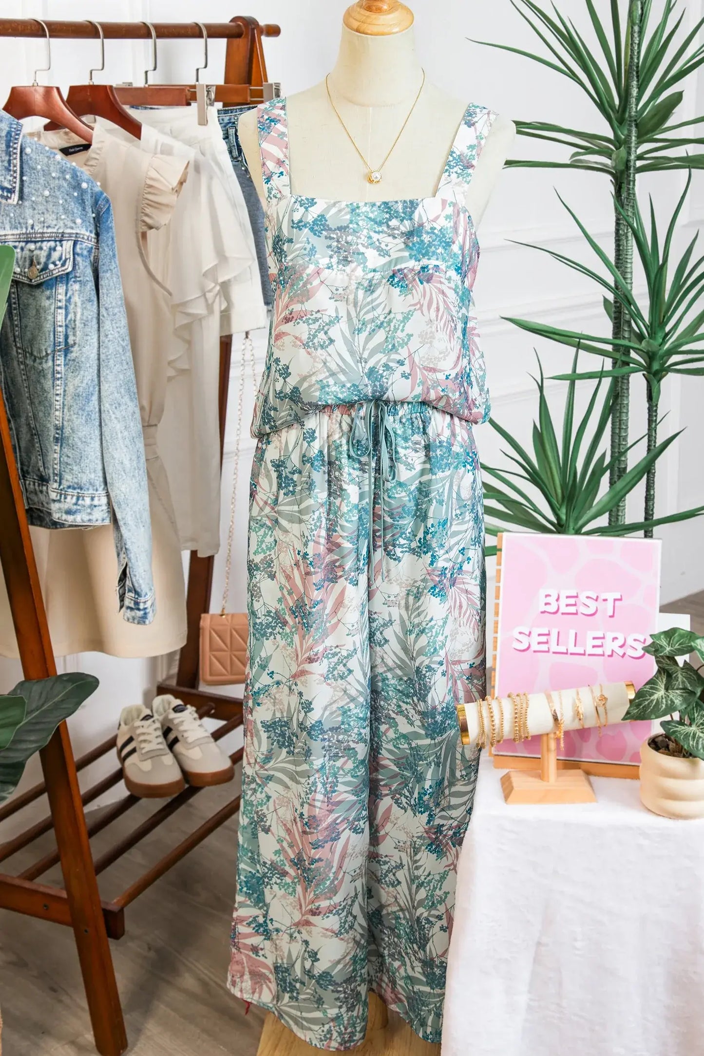 Green Tropical Palm Printed Cropped Tank Drawstring Wide Leg Pant Set - Sweet Fashion Wholesale