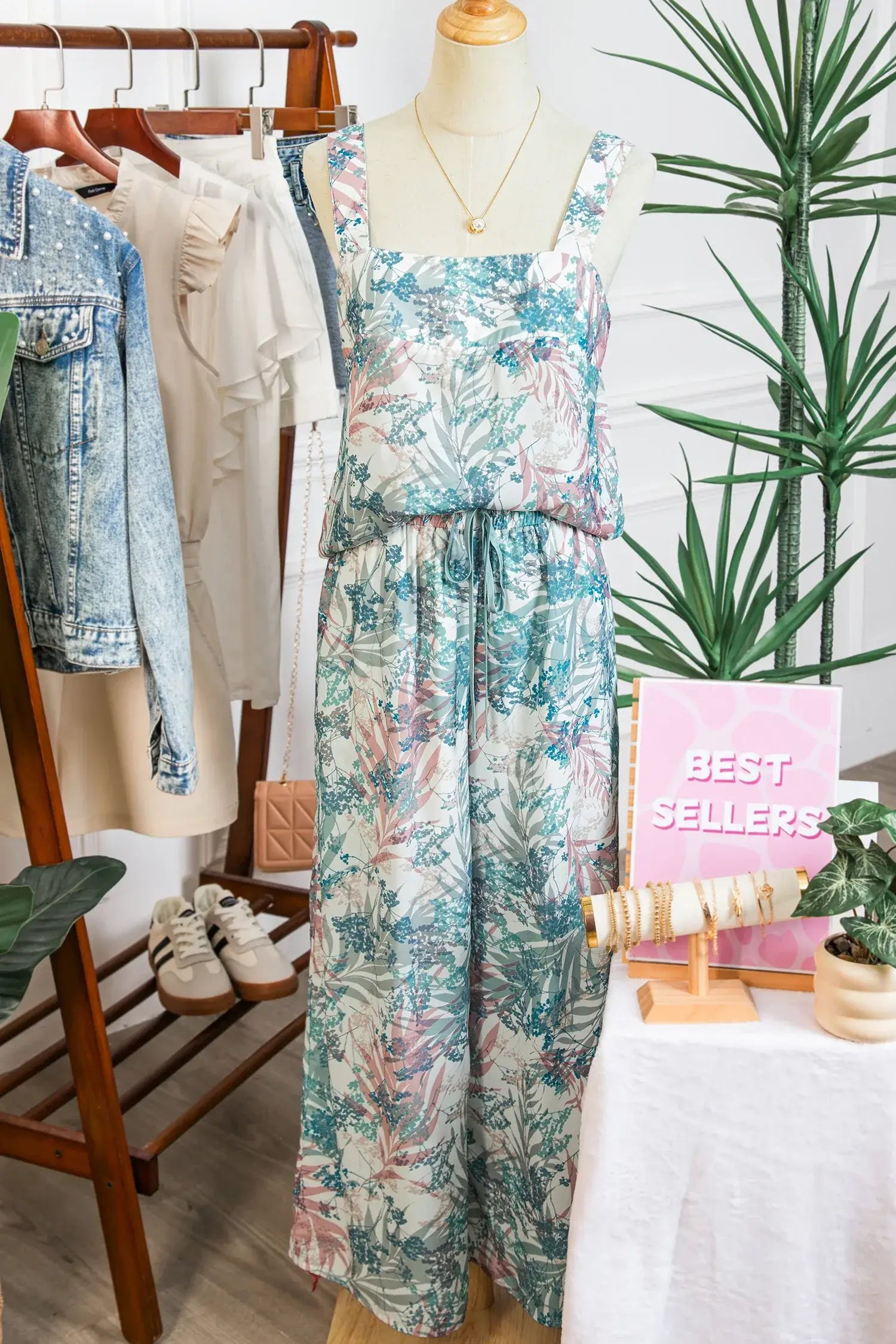 Green Tropical Palm Printed Cropped Tank Drawstring Wide Leg Pant Set - Sweet Fashion Wholesale